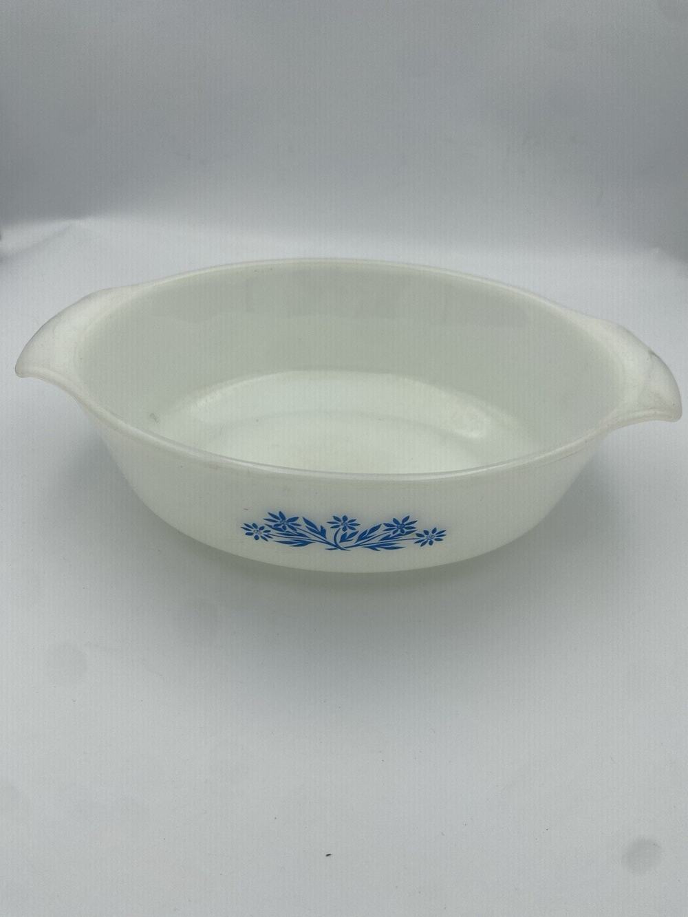 Fire-King Milk Glass Round Casserole Dish White Blue Floral Pattern 428